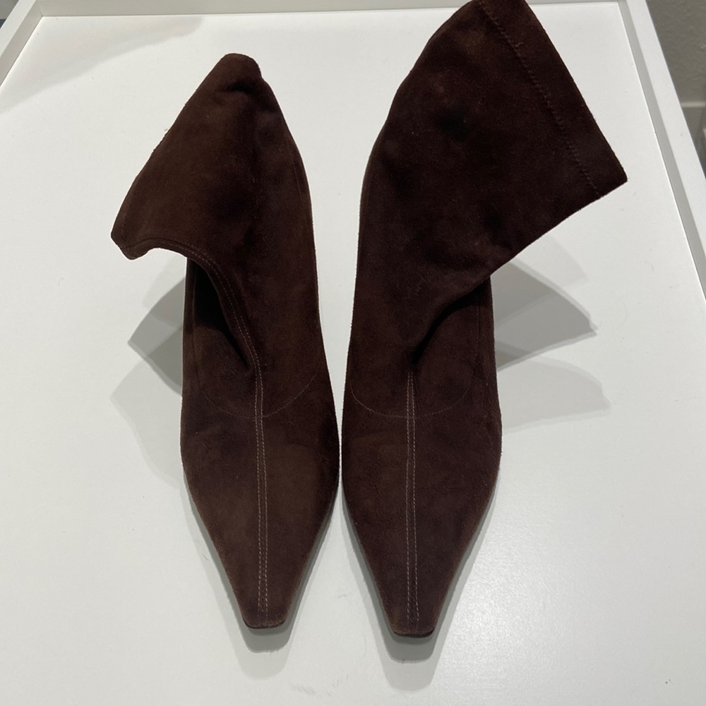 Cole Haan Brown Stretch Suede Ankle Boot with stacked heel pointed toe size 9
